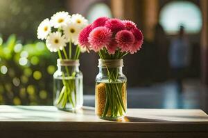 two vases with flowers sitting on a table. AI-Generated photo