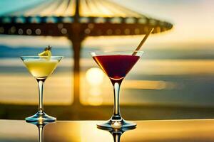 two cocktails sit on a table in front of the ocean. AI-Generated photo