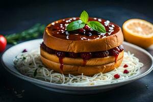 a hamburger with berry sauce and noodles on a plate. AI-Generated photo