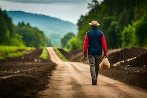 un hombre caminando abajo un suciedad la carretera con un sombrero en. generado por ai foto