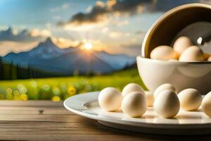 eggs in a bowl on a table with mountains in the background. AI-Generated photo