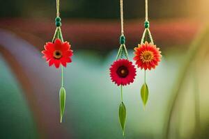 three red flowers hanging from strings. AI-Generated photo