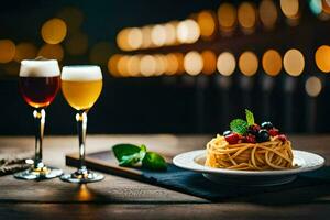 un plato de espaguetis y un vaso de cerveza. generado por ai foto