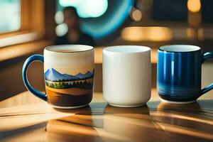 three mugs with mountains on them sitting on a table. AI-Generated photo