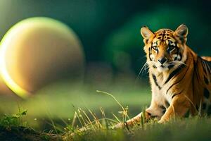 a tiger sitting in the grass with a large ball in the background. AI-Generated photo