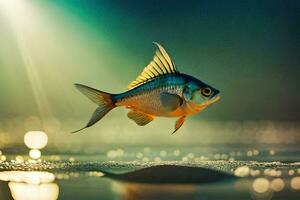 un pescado es nadando en el agua con luz de sol brillante. generado por ai foto