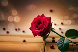 a single red rose is on a wooden table with red beads. AI-Generated photo
