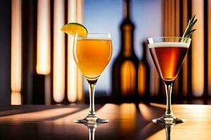 two glasses of different drinks on a table. AI-Generated photo