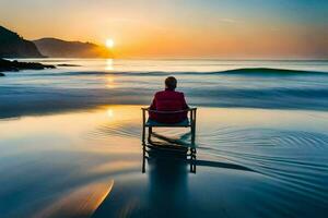 un persona sentado en un silla en el playa a puesta de sol. generado por ai foto