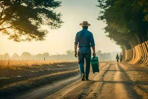 a man walking down a dirt road with a suitcase. AI-Generated photo