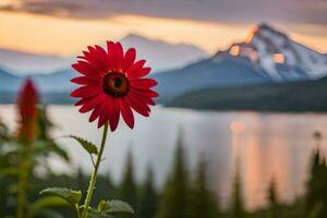 a red flower stands in front of a mountain and lake. AI-Generated photo