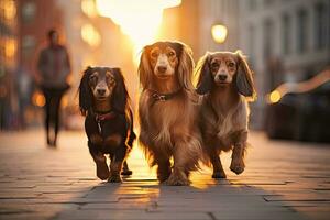 Tres perros salchicha caminando en el calle a atardecer, grupo de perros caminando en el ciudad a puesta de sol. perro tejonero, perro tejonero y spaniel, ai generado foto