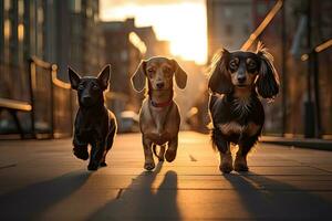 Dachshund and Miniature Dachshund in the city at sunset, Group of dogs walking in the city at sunset. Dachshund, dachshund and spaniel, AI Generated photo