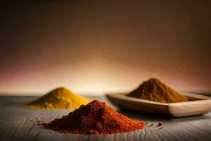 three different types of spices on a wooden table. AI-Generated photo