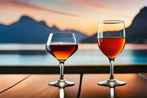 two wine glasses with wine on a table in front of a lake. AI-Generated photo