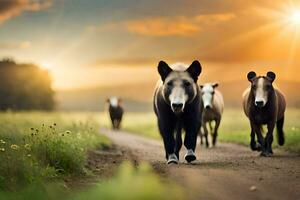 three brown bears walking on a dirt road. AI-Generated photo
