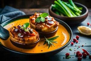 two scallops in a bowl with sauce and green beans. AI-Generated photo