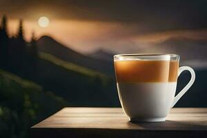 a cup of coffee on a table in front of a mountain. AI-Generated photo