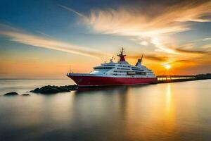 un rojo y blanco crucero Embarcacion en el Oceano a puesta de sol. generado por ai foto