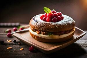 a bagel with berries and nuts on top. AI-Generated photo