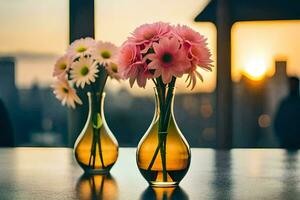 two vases with pink flowers sitting on a table. AI-Generated photo