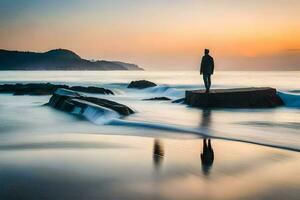 a man standing on a rock in the ocean at sunset. AI-Generated photo
