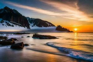the sun sets over a mountain range and a beach. AI-Generated photo