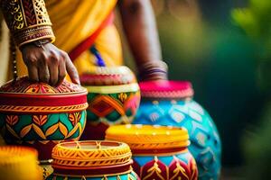 a woman in indian clothing holding a colorful pot. AI-Generated photo