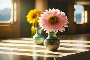 two pink flowers in vases on a wooden table. AI-Generated photo