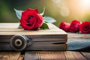 red roses on a wooden table. AI-Generated photo