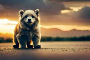 un perro es en pie en el la carretera a puesta de sol. generado por ai foto