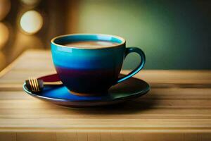 a cup of coffee on a wooden table. AI-Generated photo