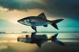 un pescado es en pie en el playa con agua en frente de él. generado por ai foto