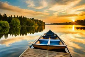 a boat is docked on the lake at sunset. AI-Generated photo