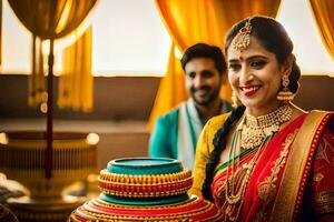 a beautiful indian bride and groom in traditional attire. AI-Generated photo