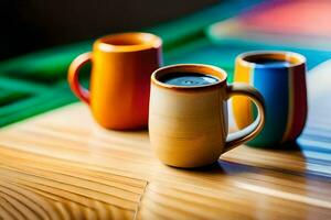 Tres vistoso café tazas en un de madera mesa. generado por ai foto