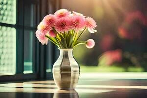 un florero con rosado flores sentado en un mesa. generado por ai foto