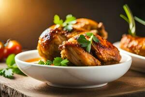 chicken in a white bowl with parsley and tomatoes. AI-Generated photo