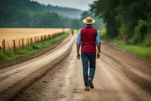 a man in a hat and vest walking down a dirt road. AI-Generated photo