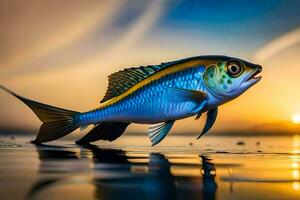 un pescado es mostrado en el agua a puesta de sol. generado por ai foto