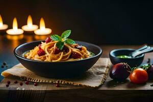 spaghetti with tomato sauce and basil leaves in a bowl. AI-Generated photo