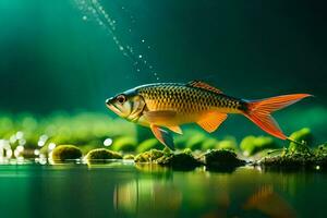 un pescado es en pie en el agua con musgo. generado por ai foto