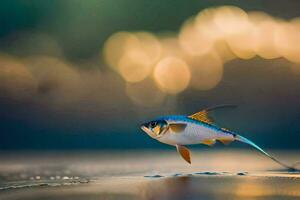 un pescado es caminando en el playa con un bokeh antecedentes. generado por ai foto