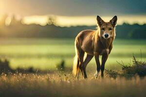 un perro es en pie en el césped a puesta de sol. generado por ai foto