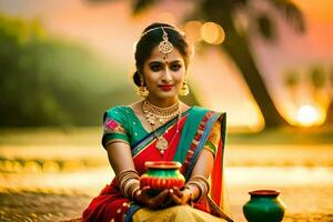hermosa indio mujer en tradicional atuendo participación un maceta. generado por ai foto