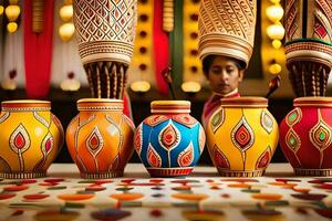 a man is standing in front of colorful vases. AI-Generated photo