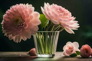 rosado flores en un vaso florero en un mesa. generado por ai foto