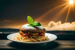 un plato con un hamburguesa y espaguetis en un mesa. generado por ai foto