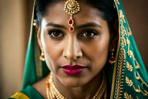 a beautiful indian woman wearing a green sari. AI-Generated photo