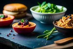 a table with bowls of food and a hamburger. AI-Generated photo